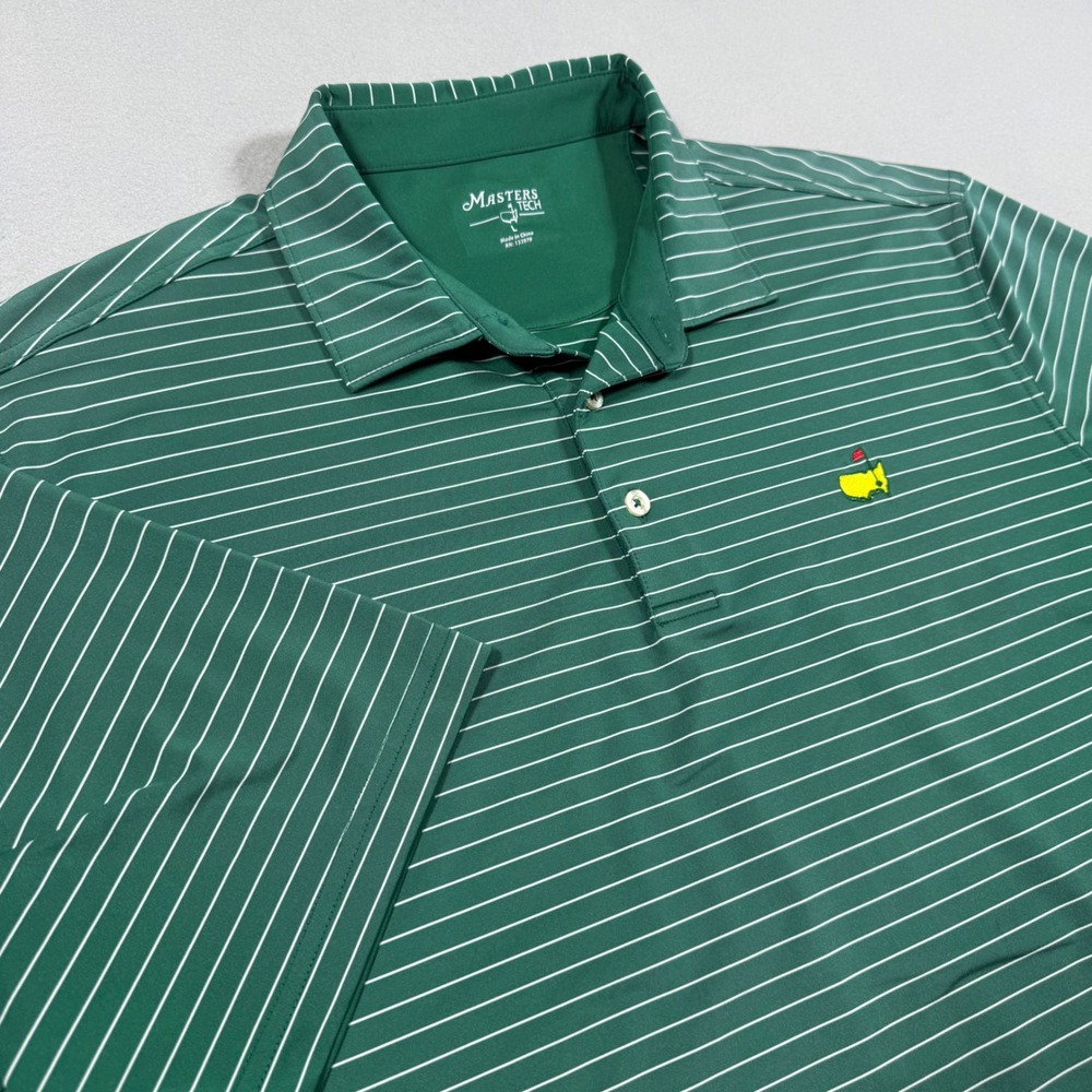 Masters Tech Mens Green White Striped Performance Golf Polo Shirt Size Large